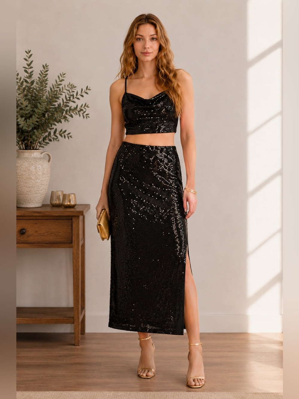 NWT Bebe Sequin Black Womens Crop & Skirt Set M